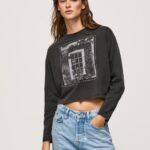 נשים 4N8XB427 Pepe Jeans שטוף שחור חולצת טריקו מודפסת עם שרוולים ארוכים