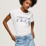 נשים 4N8XB433 Pepe Jeans לבן חולצת טריקו עם לוגו רקום