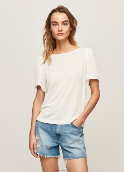 נשים 4N8XB452 Pepe Jeans לבן חולצת טריקו עם צווארון סירה משיש