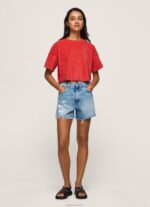 ⁦נשים 4N8XB460 Pepe Jeans סטודיו אדום חולצת טריקו קטיפה בגזרה קצוצה⁩ – תמונה ⁦2⁩