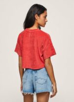 ⁦נשים 4N8XB460 Pepe Jeans סטודיו אדום חולצת טריקו קטיפה בגזרה קצוצה⁩ – תמונה ⁦4⁩