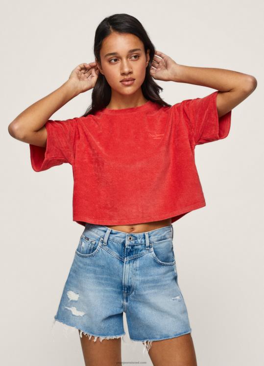 d7a0d7a9d799d79d_4n8xb460_pepe_jeans_d7a1d798d795d793d799d795_d790d793d795d79d_d797d795d79cd7a6d7aa_d798d7a8d799d7a7d795_d7a7d79.jpg נשים 4N8XB460 Pepe Jeans סטודיו אדום חולצת טריקו קטיפה בגזרה קצוצה – תמונה 1
