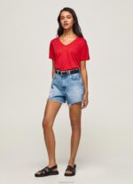 ⁦נשים 4N8XB465 Pepe Jeans סטודיו אדום חולצת טי עם צווארון V בפשתן⁩ – תמונה ⁦2⁩