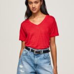 נשים 4N8XB465 Pepe Jeans סטודיו אדום חולצת טי עם צווארון V בפשתן