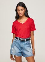 נשים 4N8XB465 Pepe Jeans סטודיו אדום חולצת טי עם צווארון V בפשתן