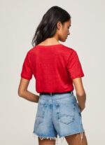 ⁦נשים 4N8XB465 Pepe Jeans סטודיו אדום חולצת טי עם צווארון V בפשתן⁩ – תמונה ⁦4⁩