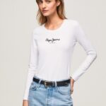 נשים 4N8XB469 Pepe Jeans לבן חולצת כותנה עם שרוולים ארוכים