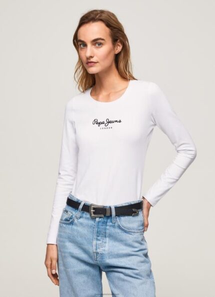 נשים 4N8XB469 Pepe Jeans לבן חולצת כותנה עם שרוולים ארוכים