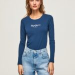 נשים 4N8XB472 Pepe Jeans חיל הים חולצת כותנה עם שרוולים ארוכים