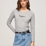 נשים 4N8XB473 Pepe Jeans חוואר אפור חולצת כותנה עם שרוולים ארוכים