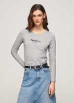 נשים 4N8XB473 Pepe Jeans חוואר אפור חולצת כותנה עם שרוולים ארוכים